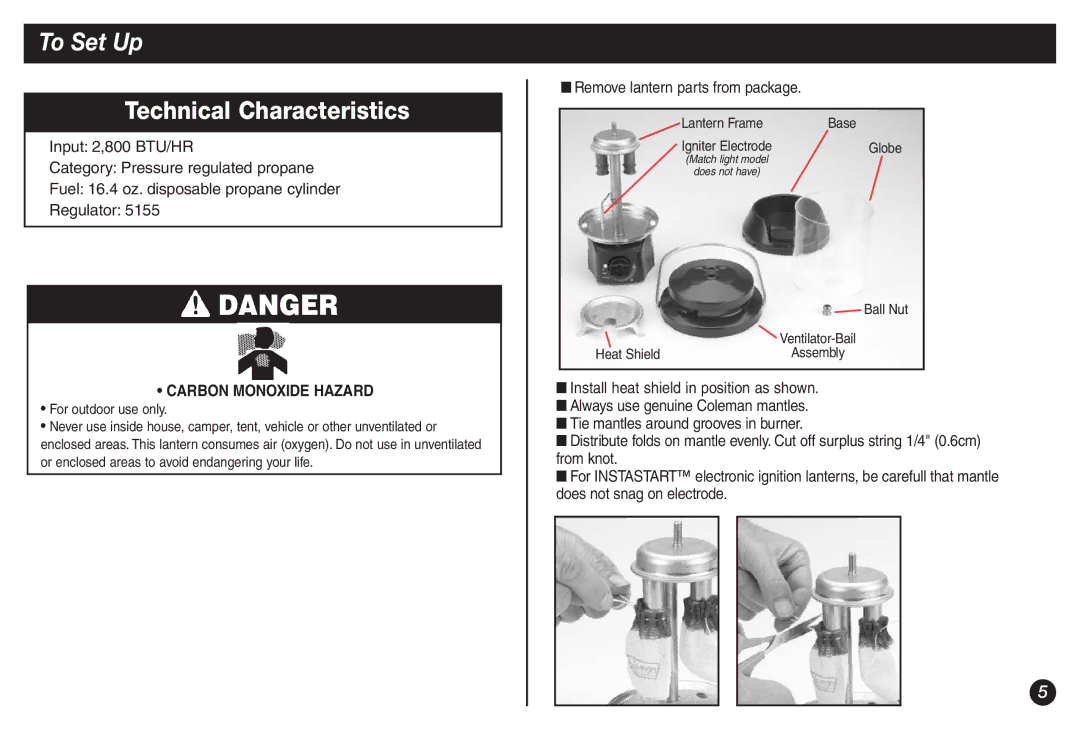 Coleman 5155B manual To Set Up, Remove lantern parts from package 