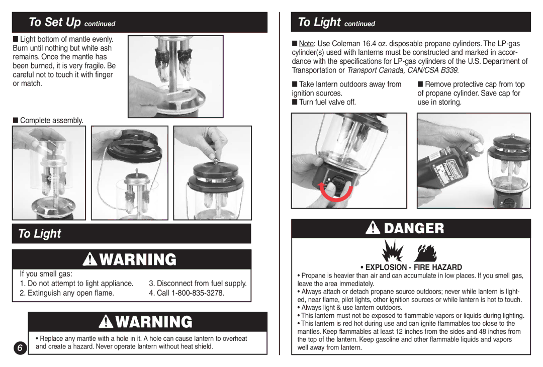 Coleman 5155B manual To Light, If you smell gas, Extinguish any open flame Call, Ignition sources 