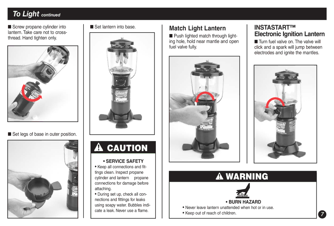 Coleman 5155B manual Match Light Lantern, Set legs of base in outer position Set lantern into base 