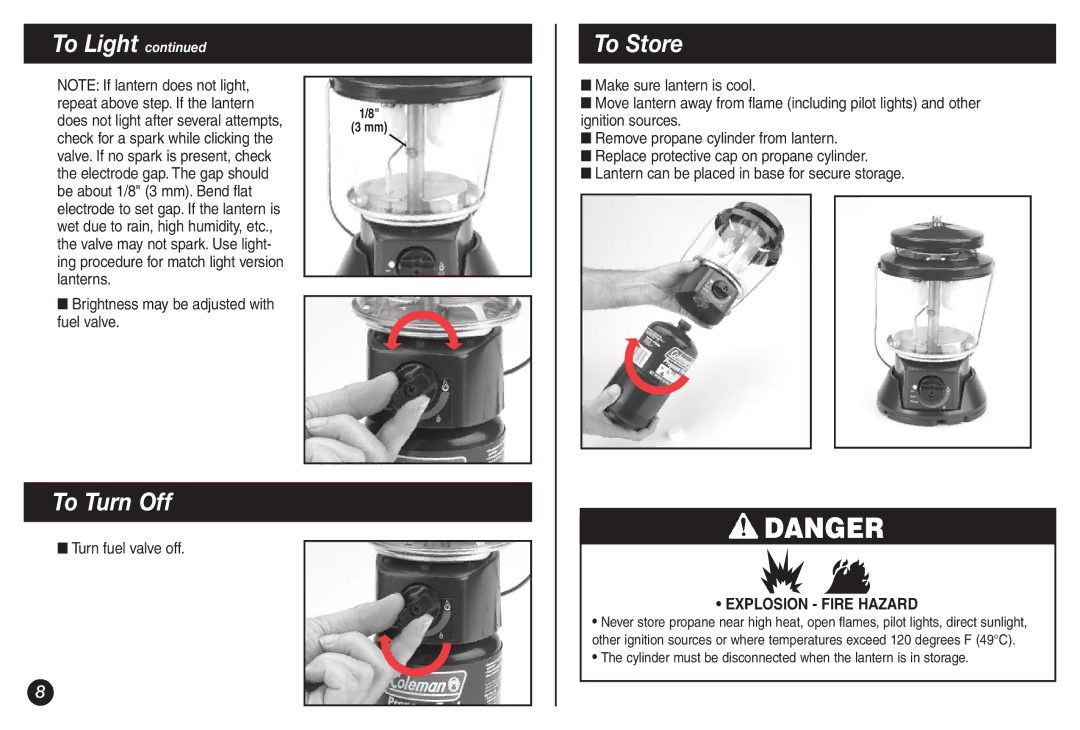 Coleman 5155B manual To Turn Off, To Store 