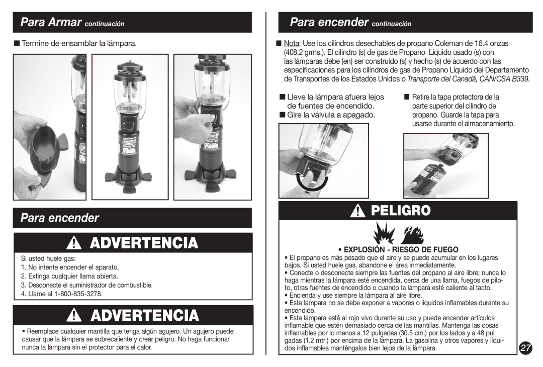 Coleman 5155B manual Advertencia, Para encender, Termine de ensamblar la lámpara, Gire la válvula a apagado 