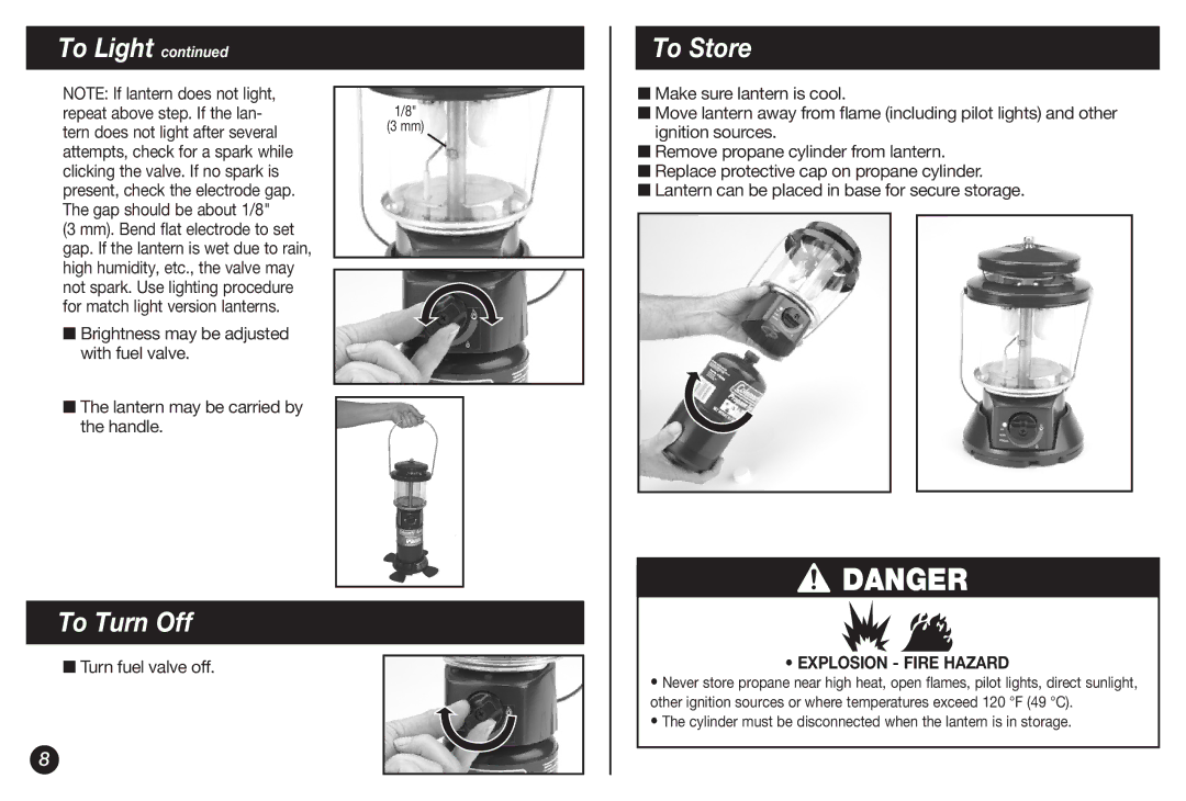 Coleman 5155B manual To Turn Off, To Store, Gap. If the lantern is wet due to rain 