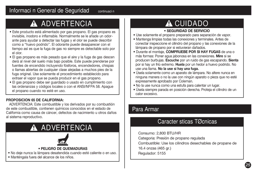 Coleman 5155B manual Cuidado, Para Armar, Proposicion 65 DE California 