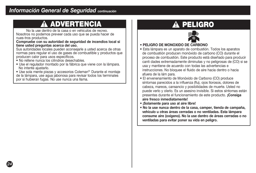 Coleman 5155B manual Peligro, Información General de Seguridad continuación 