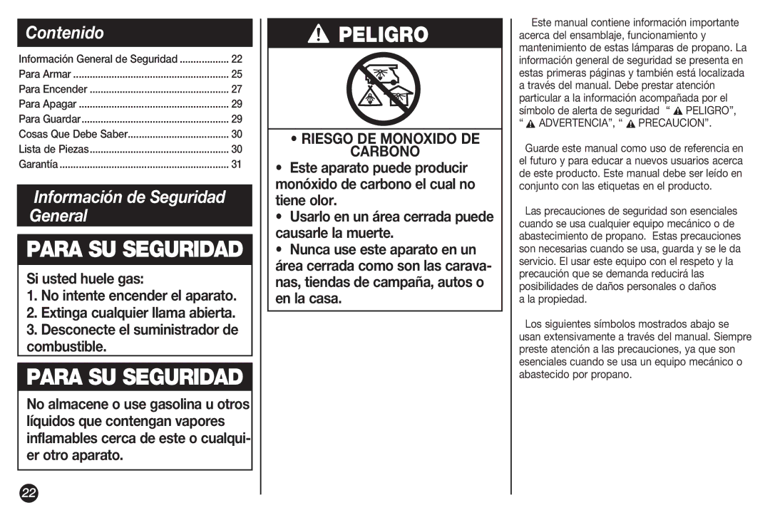 Coleman 5155B manual Para SU Seguridad, Contenido, Información de Seguridad General, Información General de Seguridad 