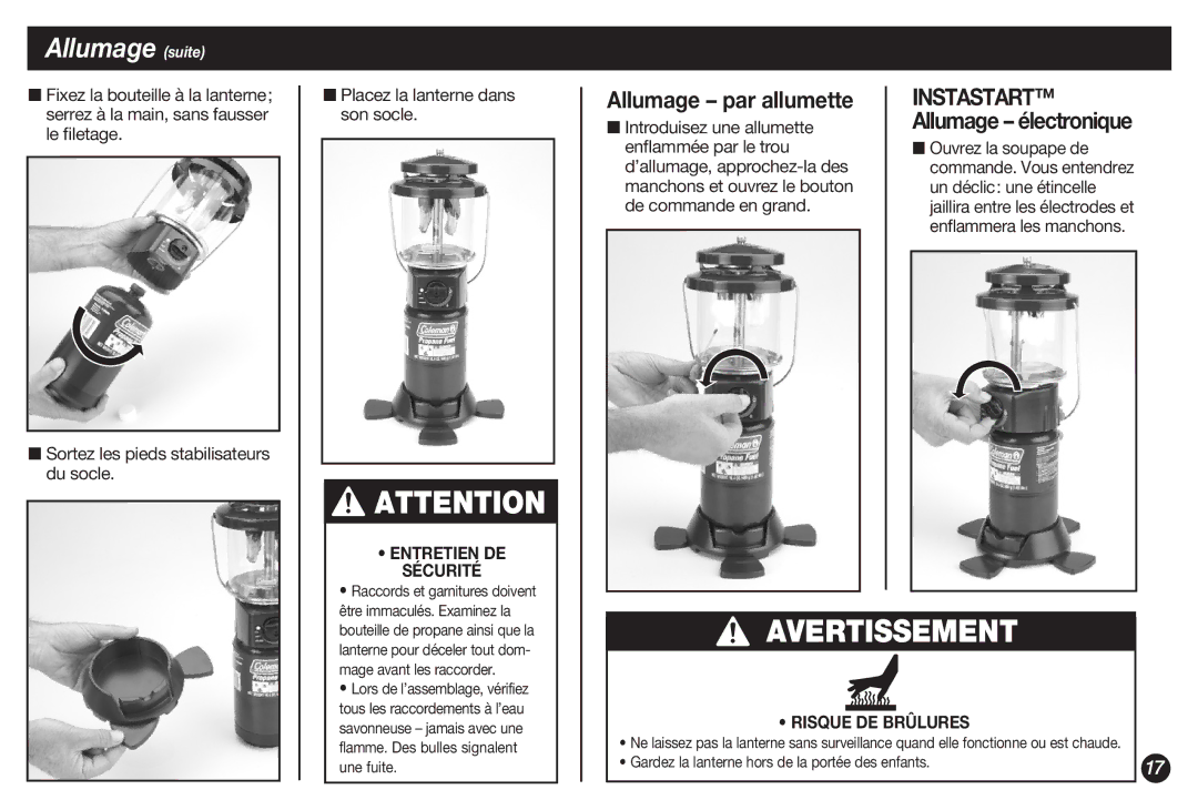 Coleman 5155B manual Allumage par allumette, Gardez la lanterne hors de la portée des enfants 