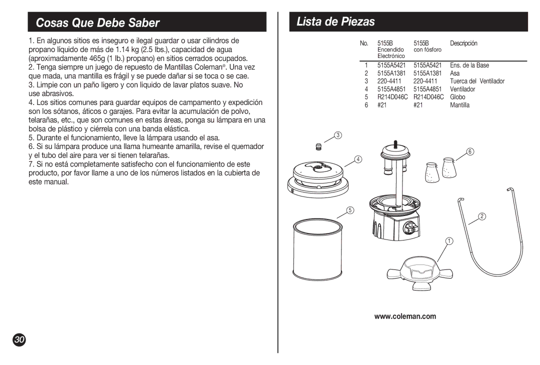 Coleman 5155B manual Cosas Que Debe Saber, Lista de Piezas 