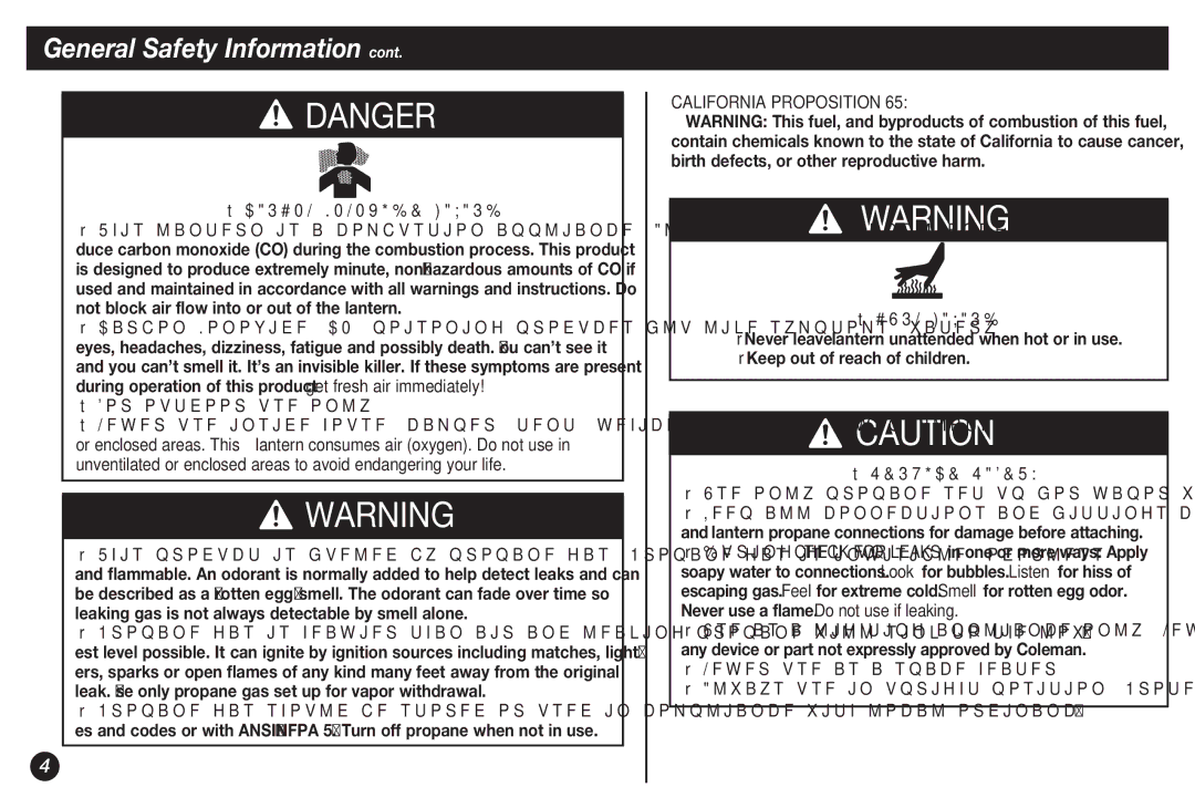 Coleman 5155B Carbon Monoxide Hazard, California Proposition Burn Hazard, Service Safety, Never use as a space heater 