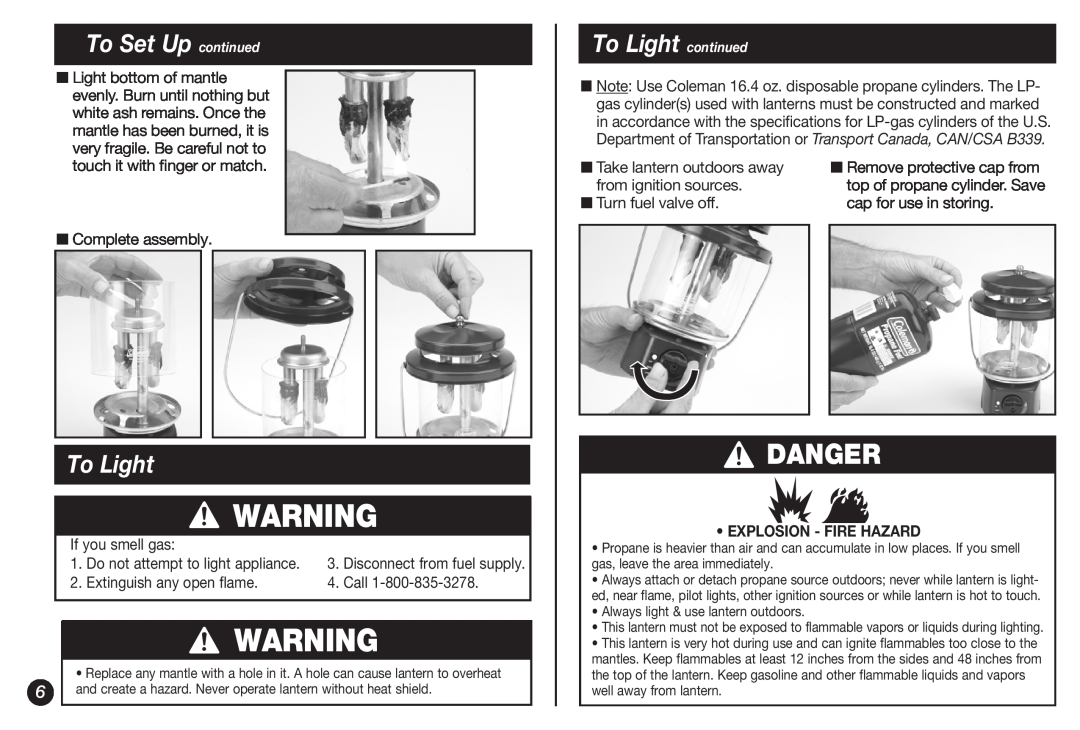Coleman 5155B manual To Set Up continued, To Light continued, Danger, Explosion - Fire Hazard 