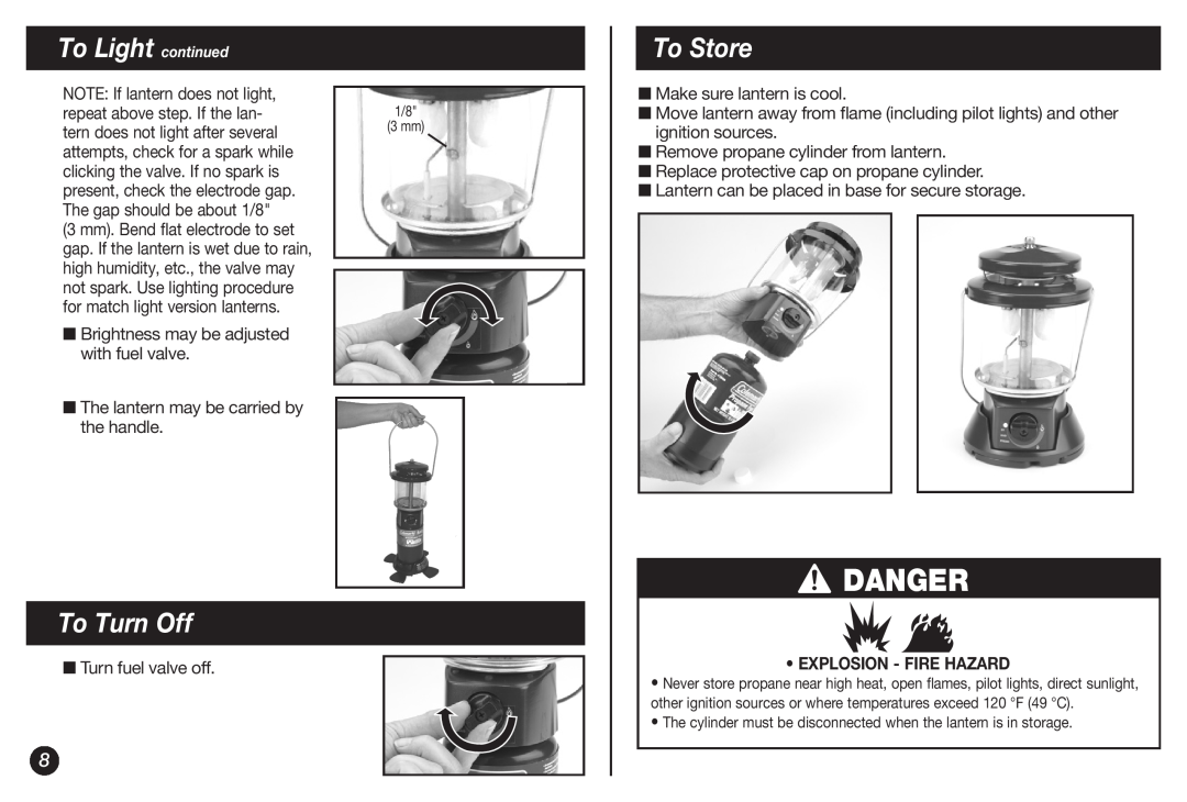 Coleman 5155B manual To Turn Off, To Store, Danger, To Light continued, Explosion - Fire Hazard 