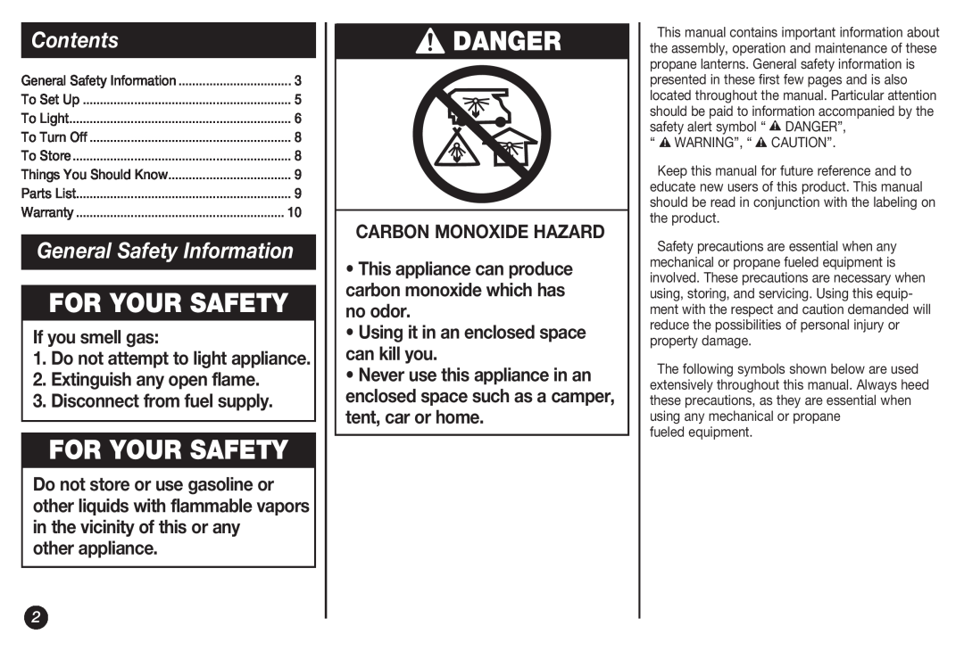 Coleman 5155B manual For Your Safety, Danger, Contents, General Safety Information, other appliance, Carbon Monoxide Hazard 