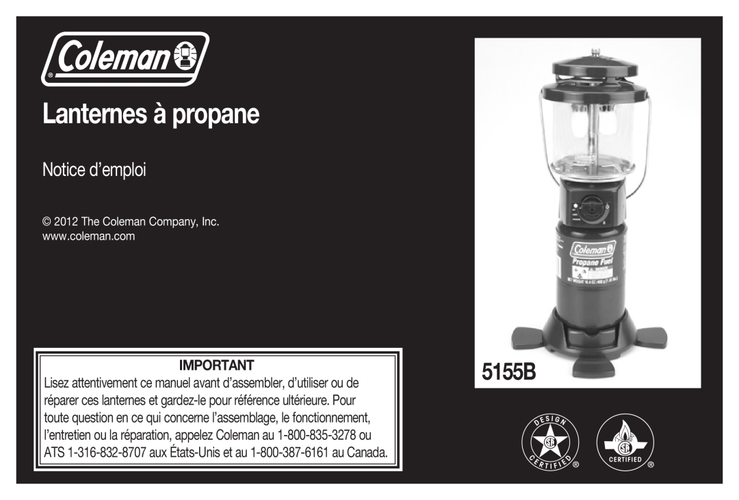 Coleman 5155B manual Lanternes à propane, Notice d’emploi 