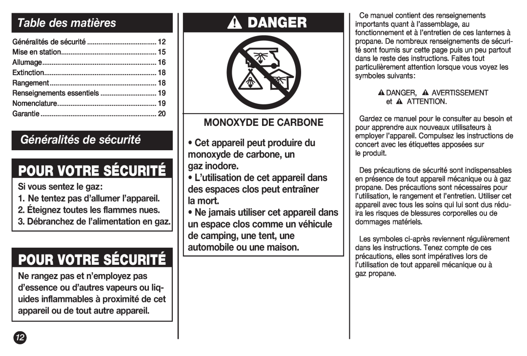 Coleman 5155B manual Pour Votre Sécurité, Table des matières, Généralités de sécurité, Monoxyde De Carbone, Danger 