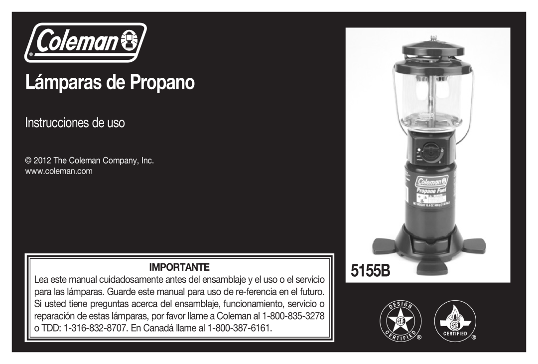 Coleman 5155B manual Lámparas de Propano, Instrucciones de uso, Importante 