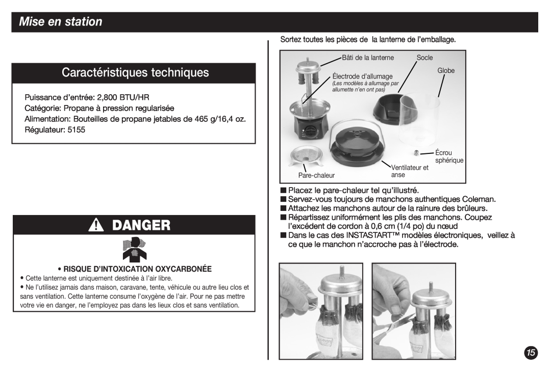 Coleman 5155B manual Mise en station, Caractéristiques techniques, Danger, Risque D’Intoxication Oxycarbonée 