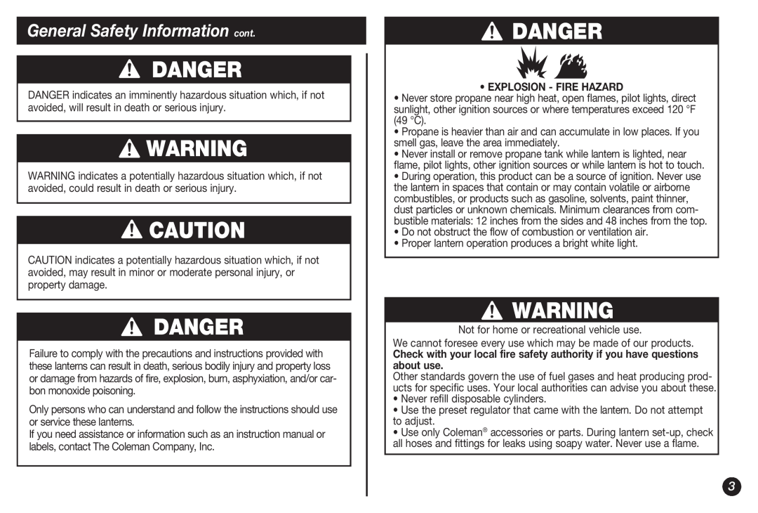 Coleman 5155B manual Danger, General Safety Information cont, Explosion - Fire Hazard 
