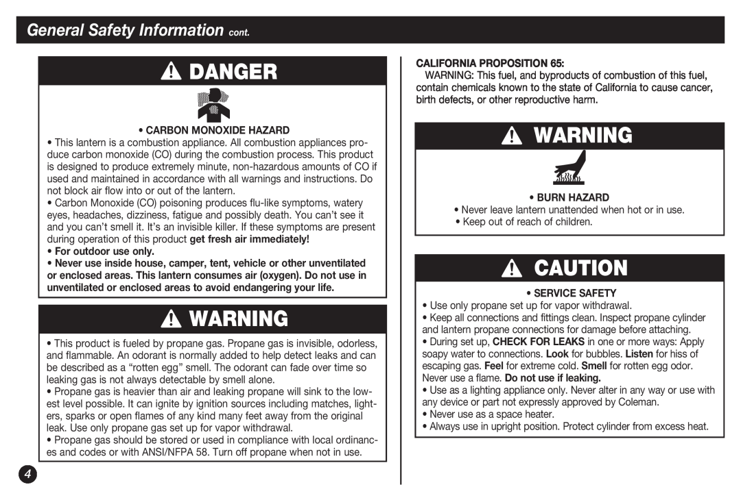 Coleman 5155B Carbon Monoxide Hazard, For outdoor use only, California Proposition, Burn Hazard, Service Safety, Danger 
