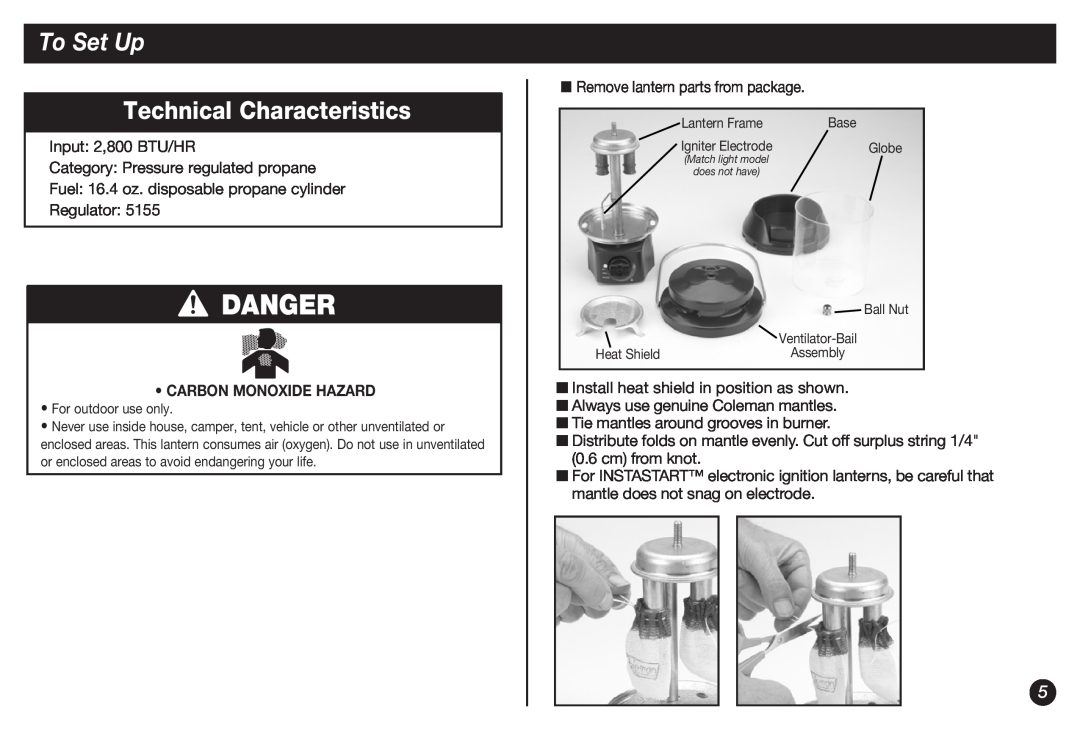 Coleman 5155B manual Danger, To Set Up, Technical Characteristics, Carbon Monoxide Hazard 