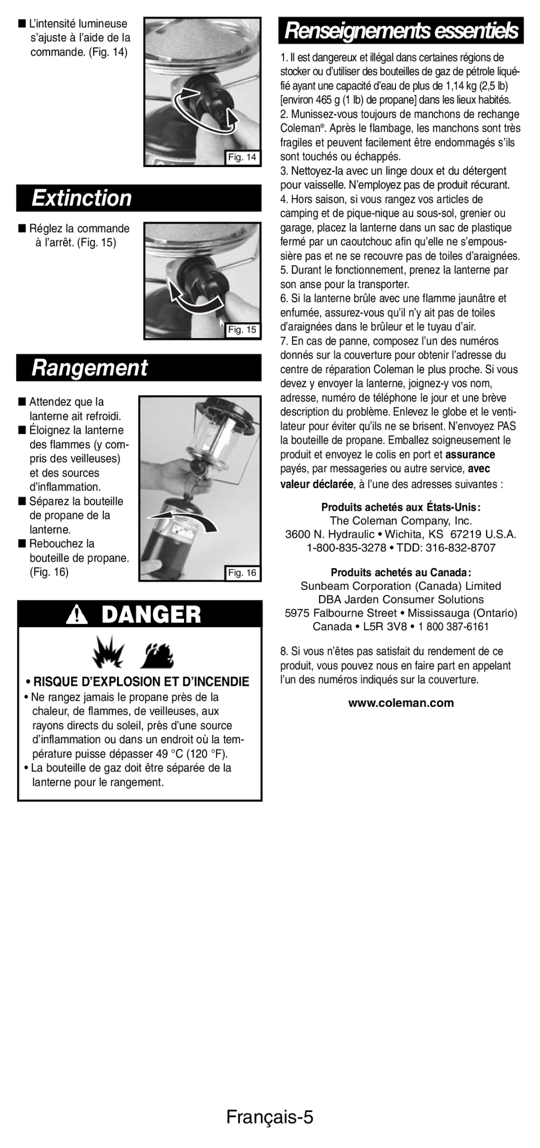 Coleman 5159 Series manual Extinction, Rangement, Renseignements essentiels, Français-5 