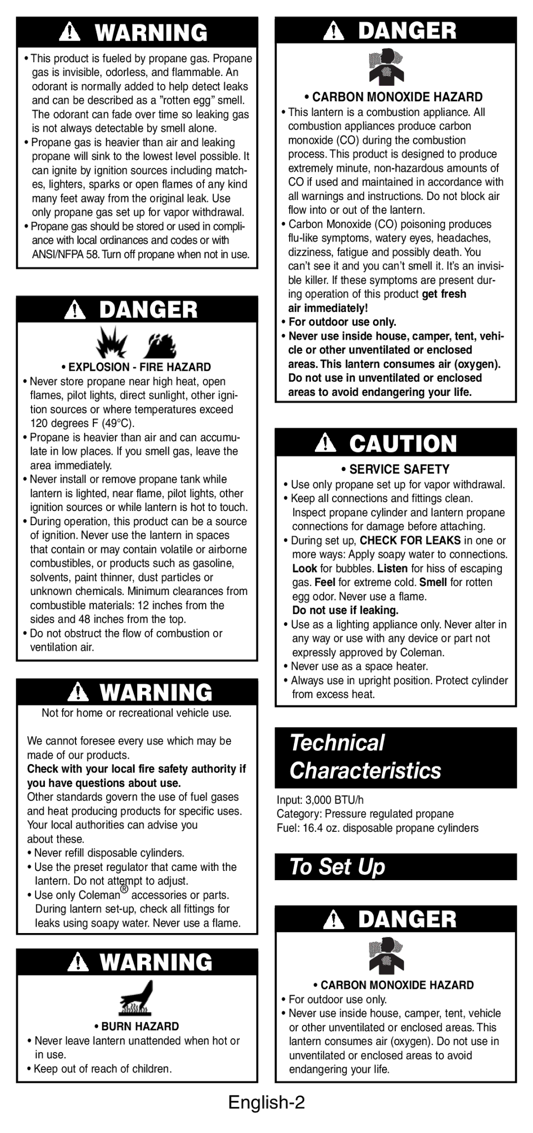 Coleman 5159 Series manual Technical Characteristics, To Set Up, English-2 