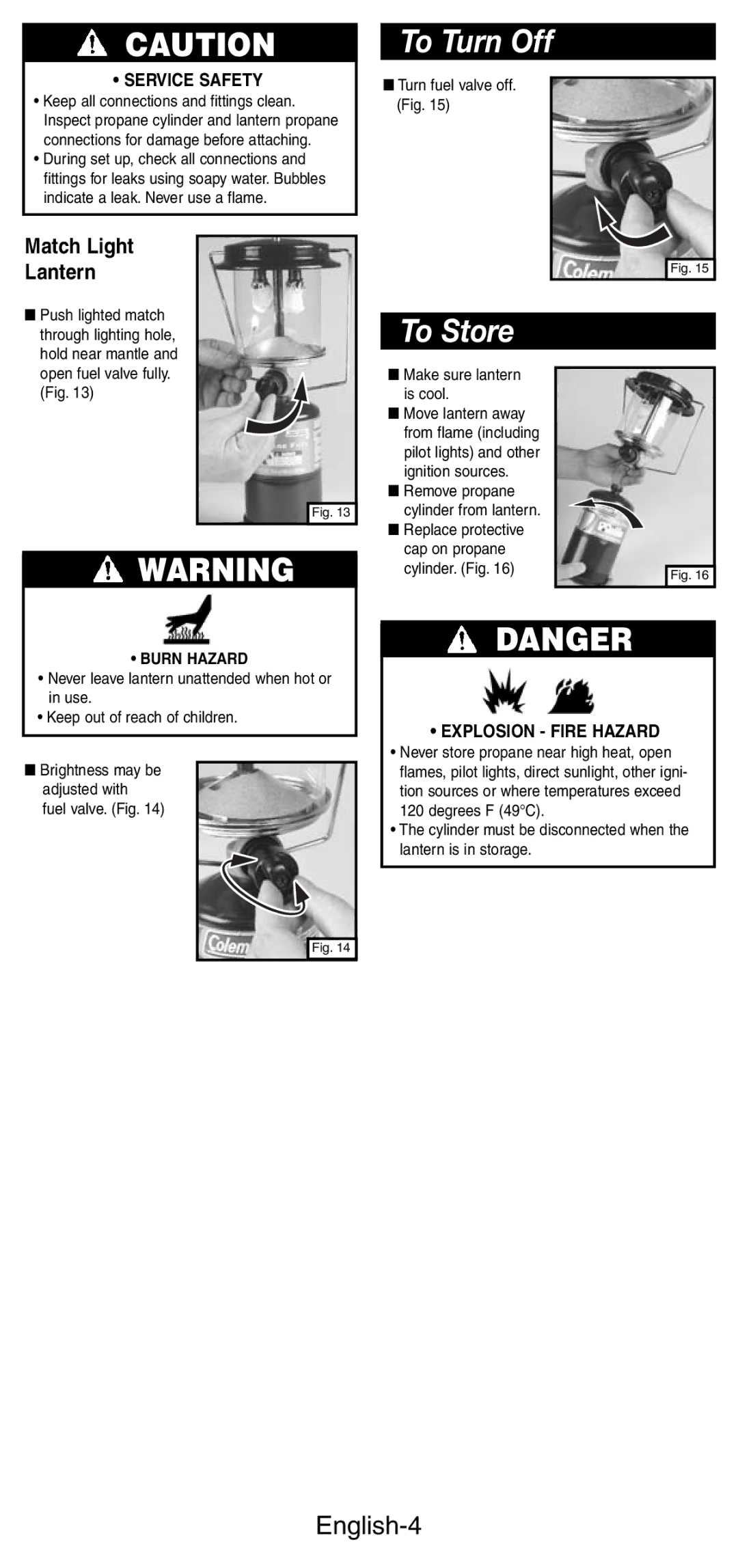 Coleman 5159 Series manual To Turn Off, To Store, English-4 