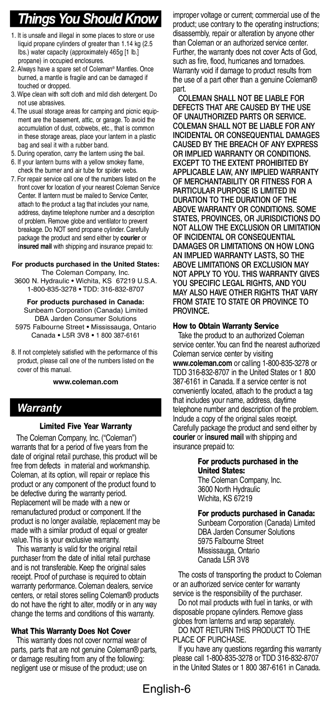 Coleman 5159 Series Warranty, English-6, For products purchased in the United States, For products purchased in Canada 