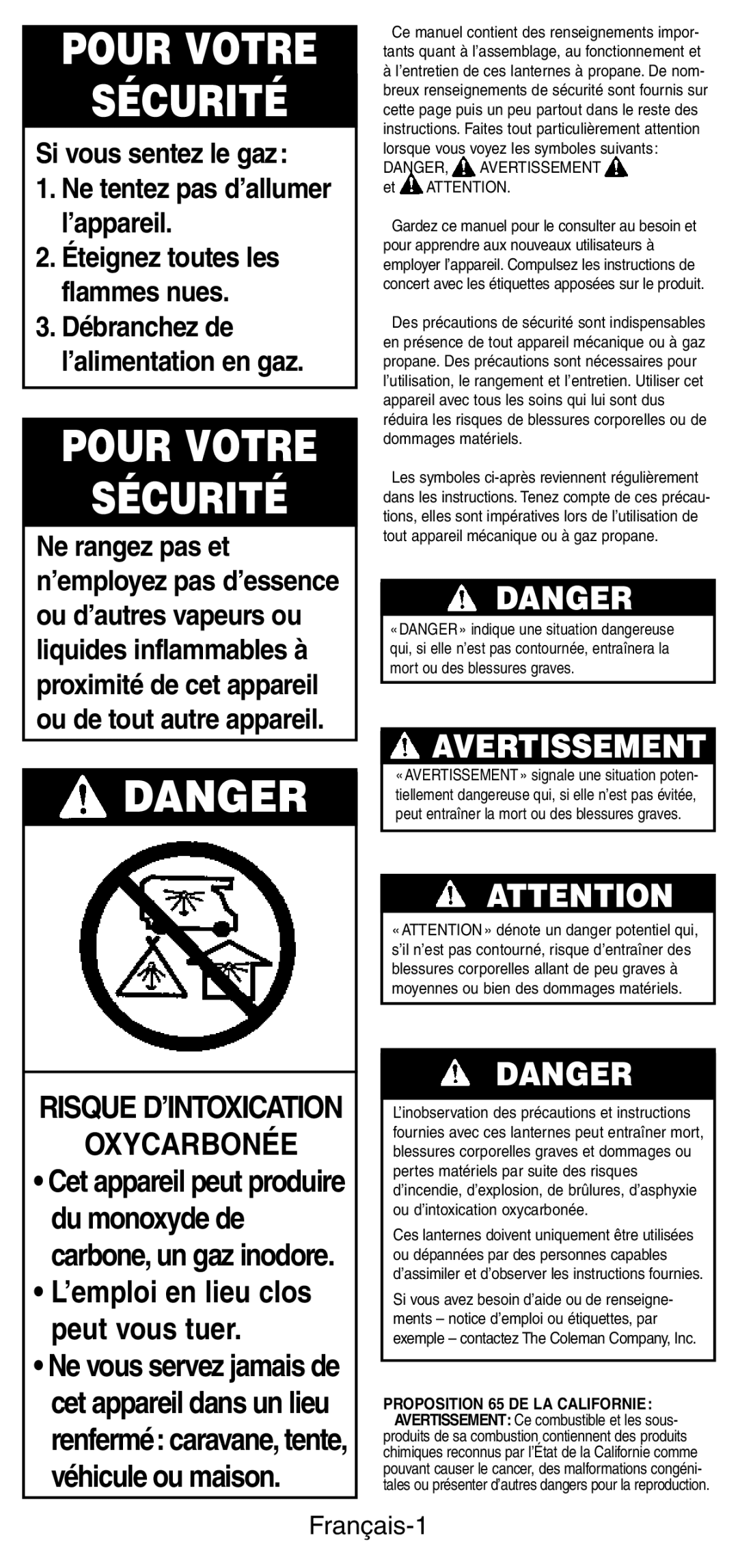 Coleman 5159 Series manual Pour Votre Sécurité, Français-1 