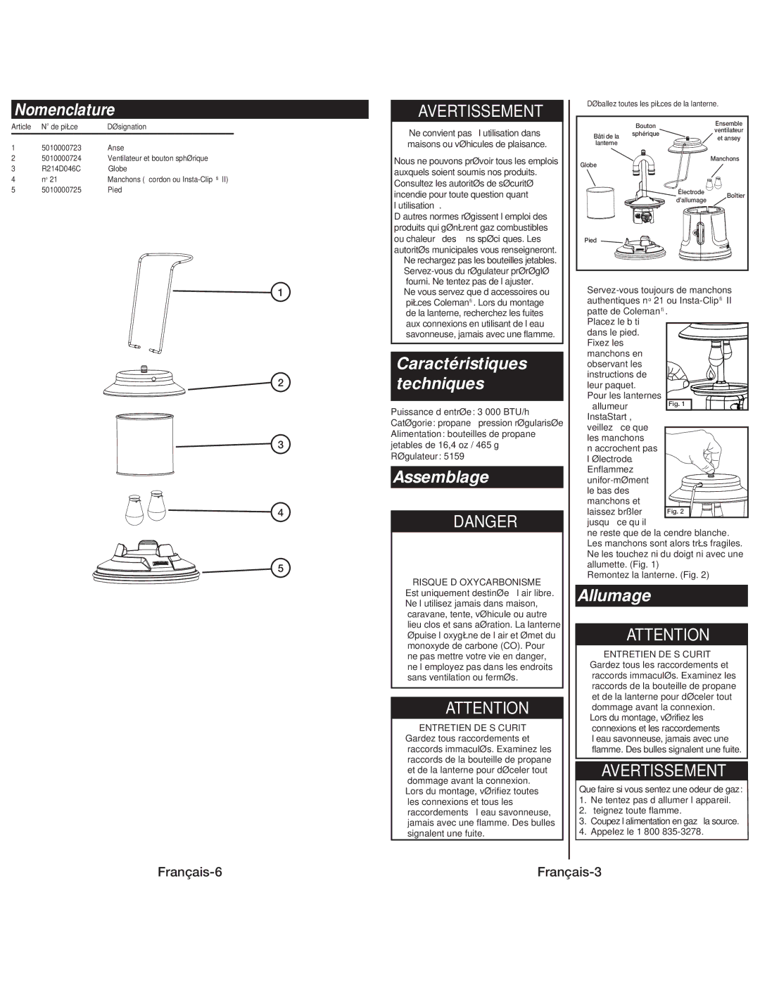 Coleman 5159 manual Nomenclature, Caractéristiques techniques, Assemblage, Allumage 