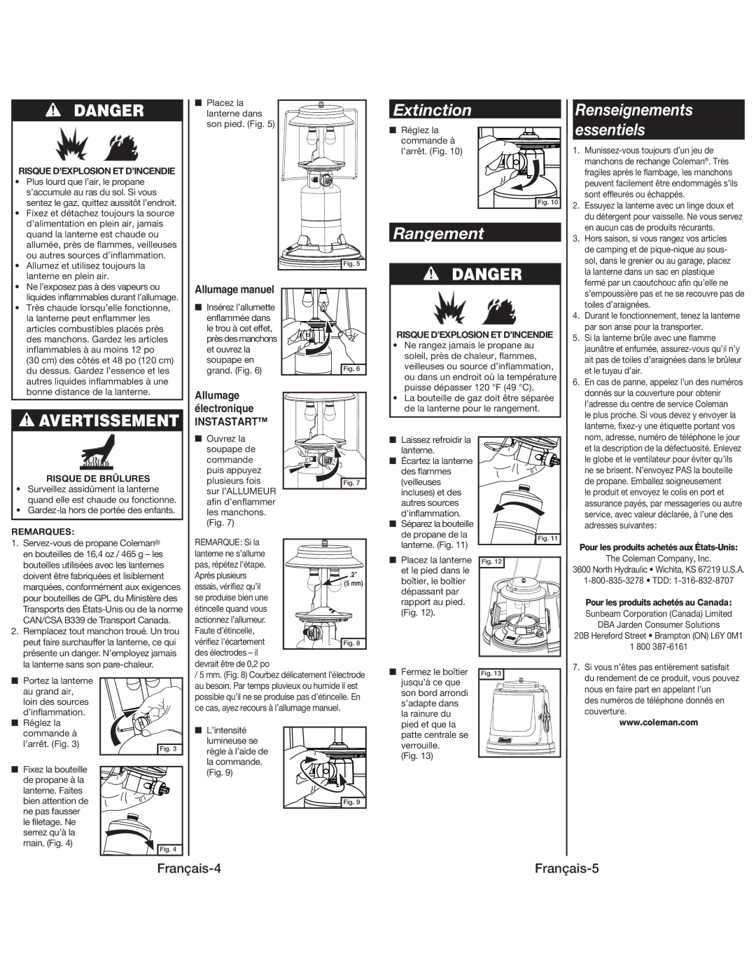 Coleman 5159 manual Extinction, Rangement, Remarques 