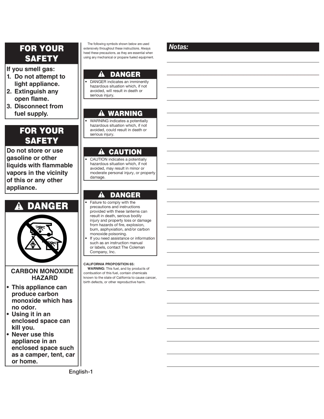 Coleman 5159 For Your Safety, Carbon Monoxide Hazard, Or labels, contact The Coleman Company, Inc, California Proposition 