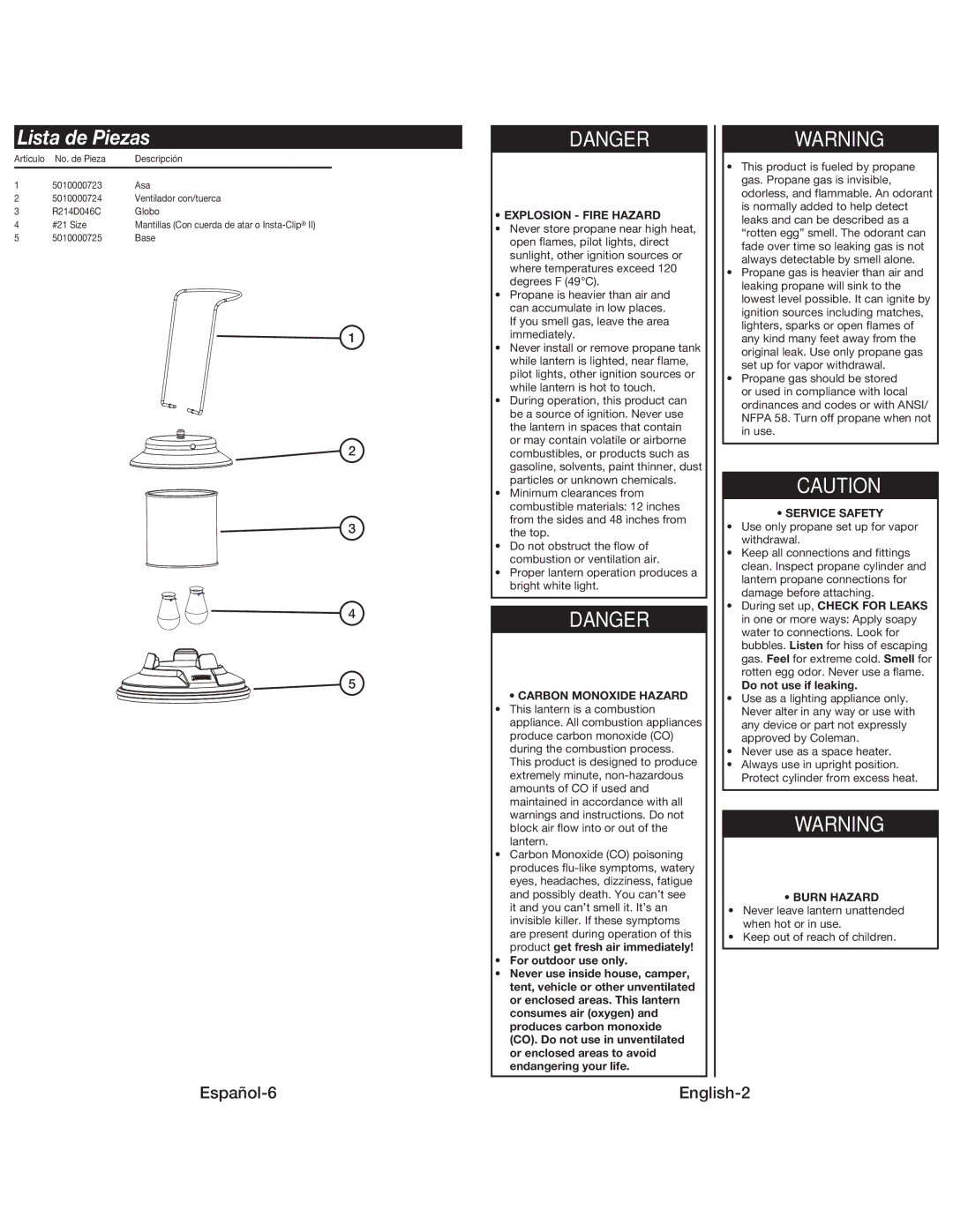 Coleman 5159 manual Lista de Piezas, Explosion Fire Hazard, Carbon Monoxide Hazard, Service Safety, Burn Hazard 