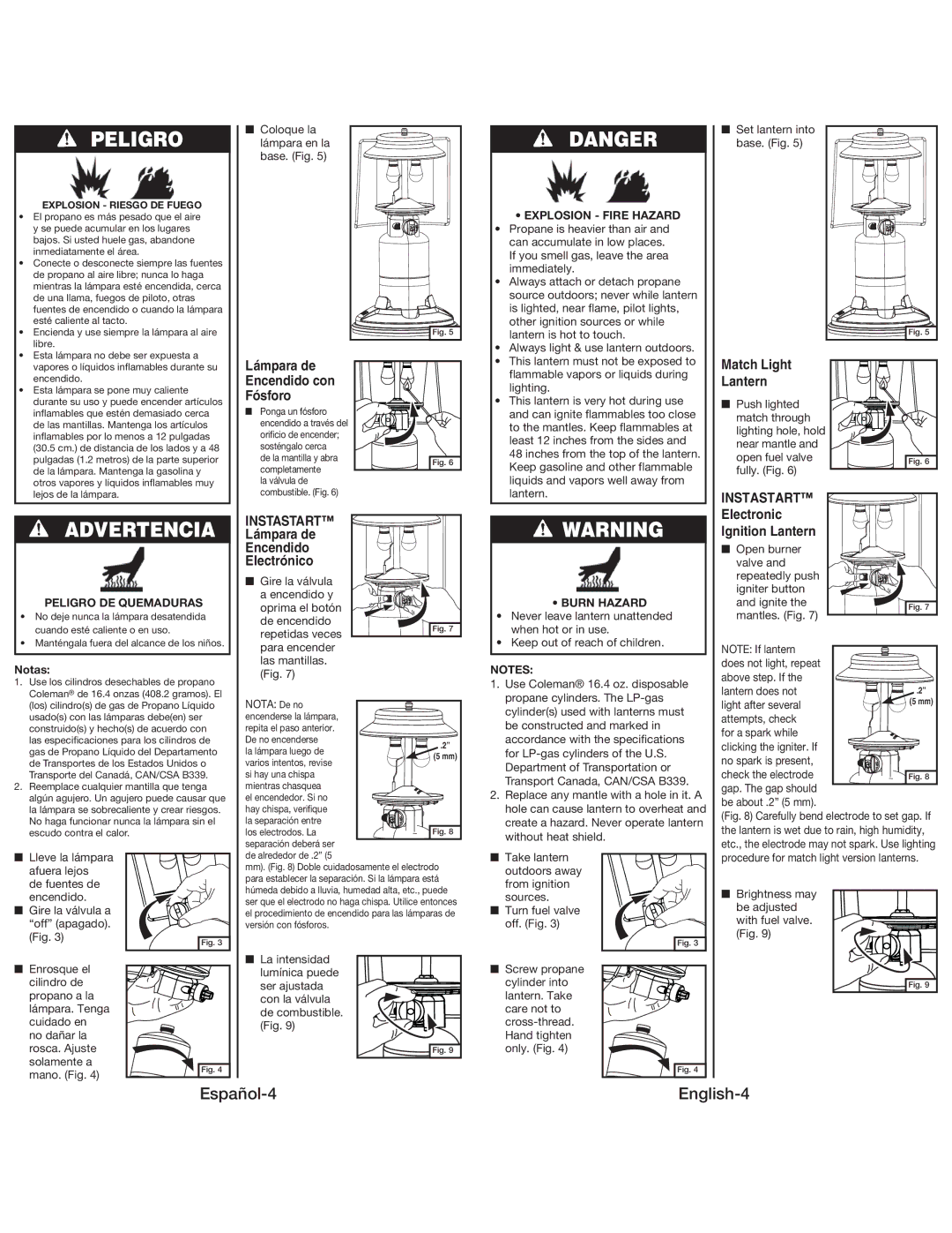Coleman 5159 manual Advertencia, Peligro DE Quemaduras, Instastart Lámpara de Encendido Electrónico, Notas 