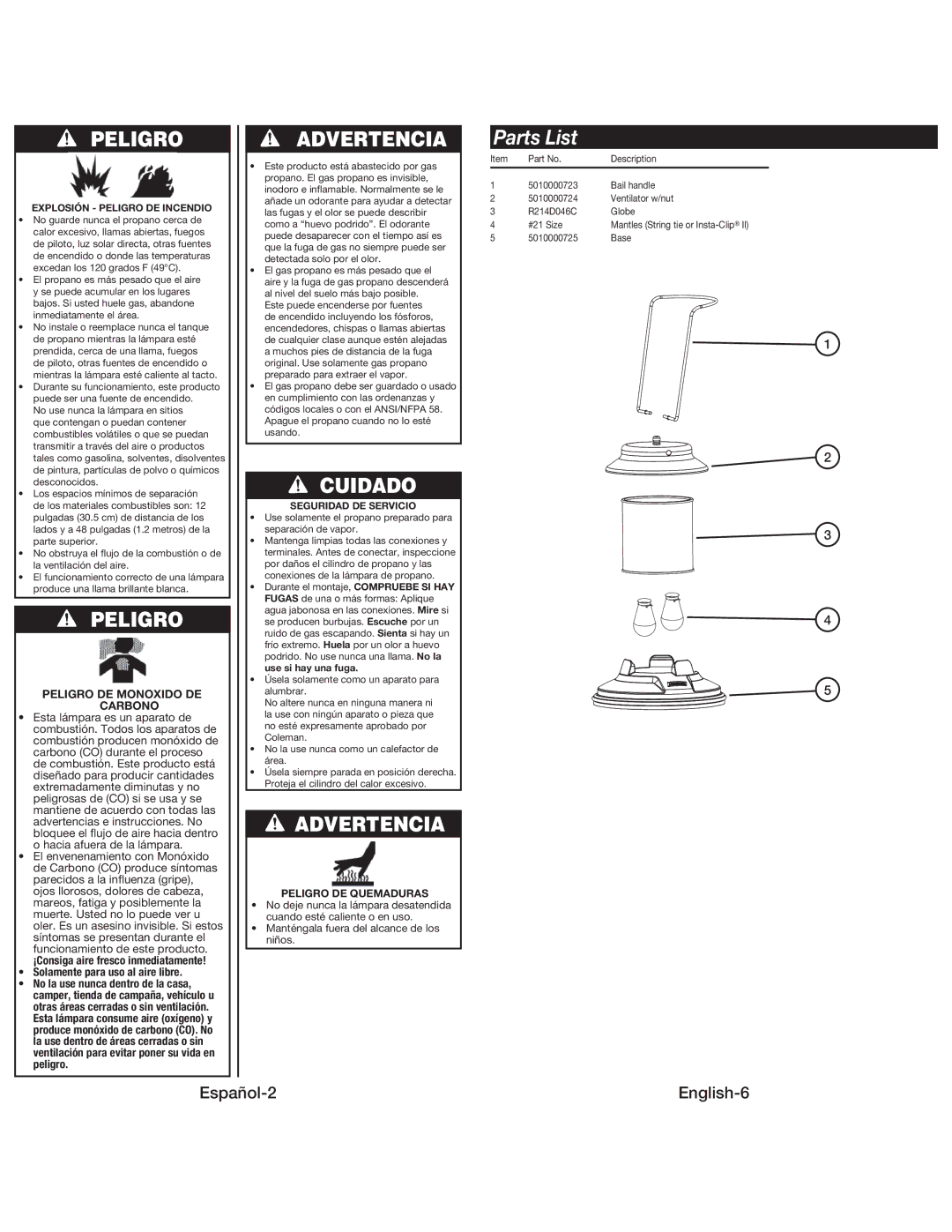 Coleman 5159 manual Parts List, Solamente para uso al aire libre, Explosión Peligro DE Incendio, Peligro DE Quemaduras 