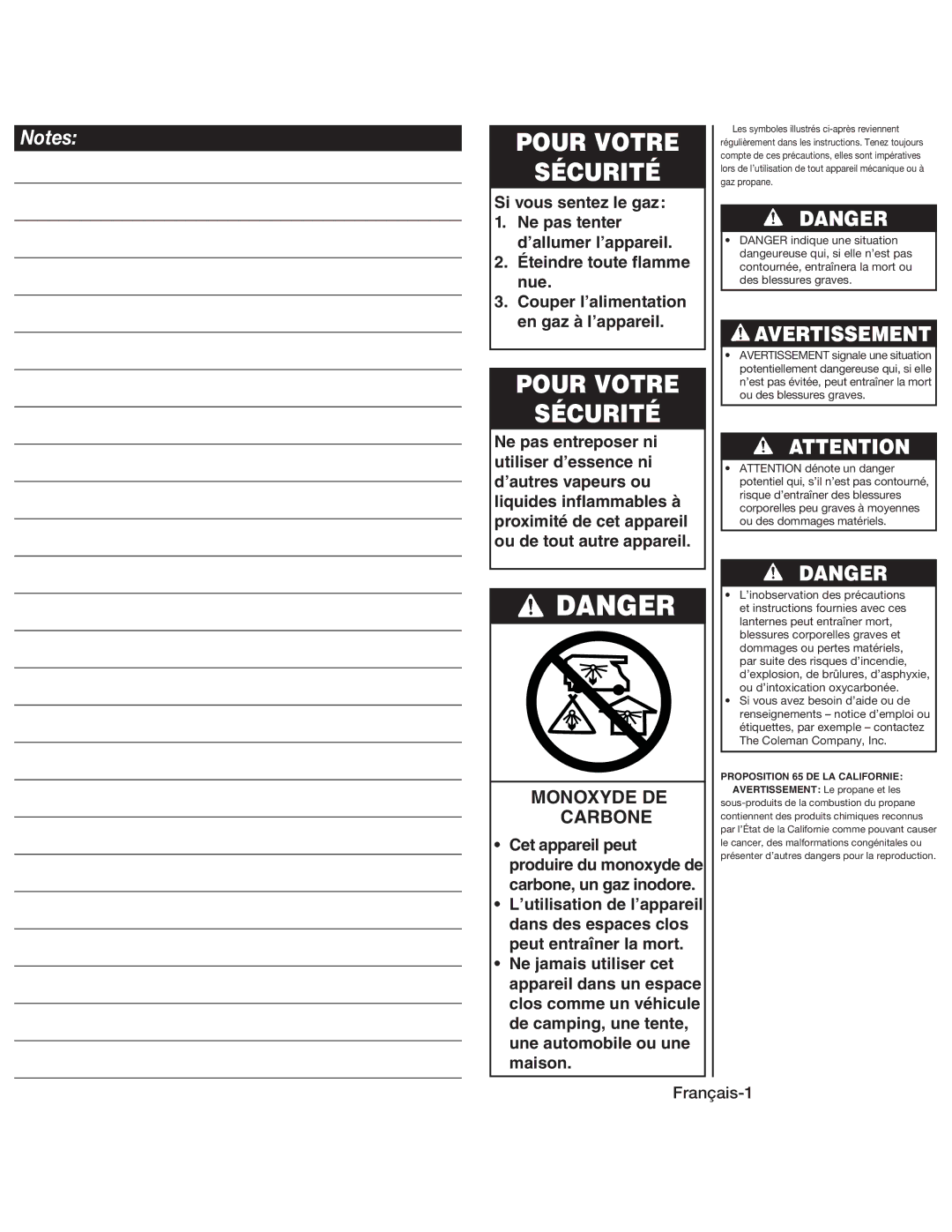 Coleman 5159 manual Pour Votre Sécurité, Avertissement, Monoxyde DE Carbone, Proposition 65 DE LA Californie 