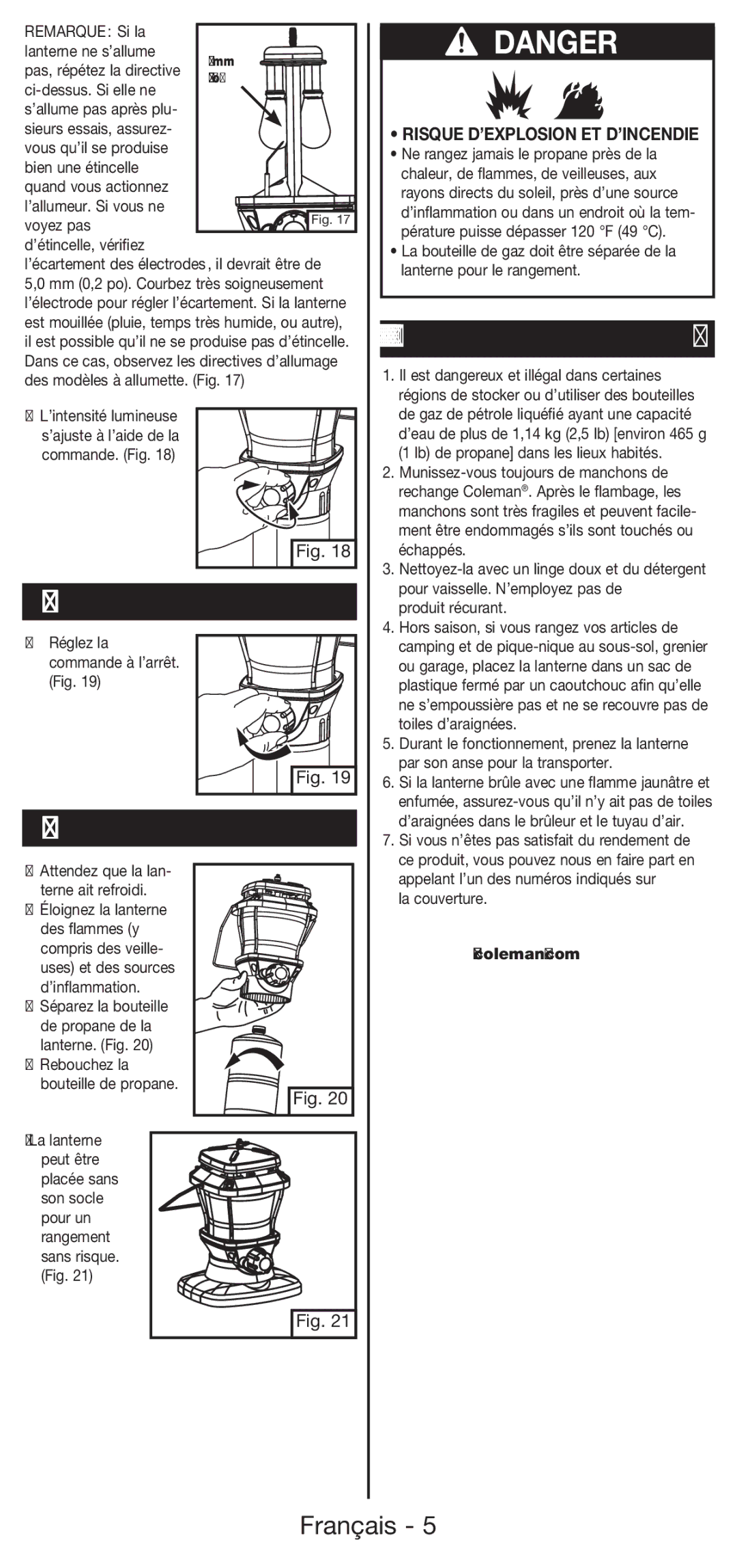 Coleman 5177 manual Extinction, Rangement, Renseignements essentiels 