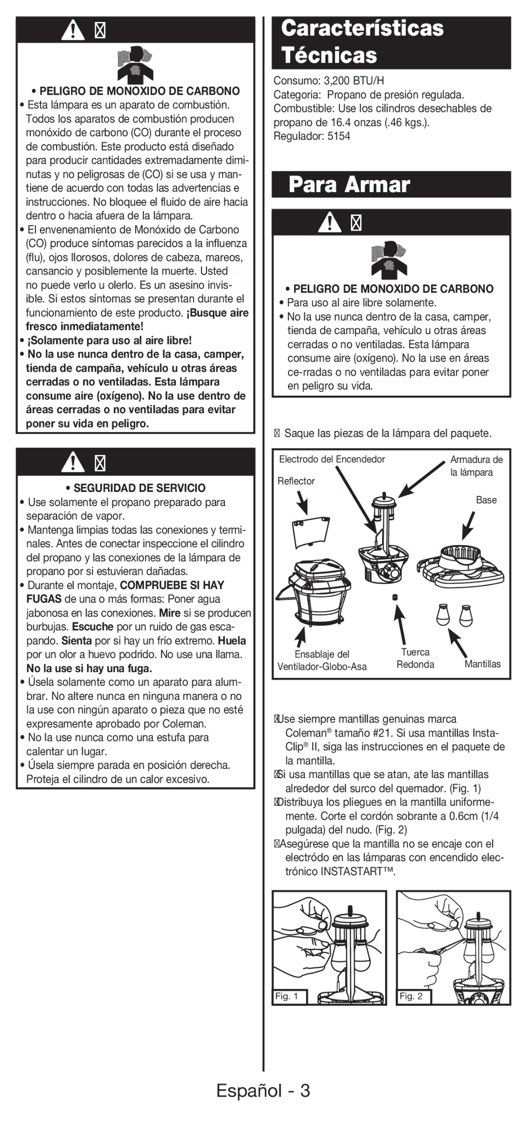 Coleman 5177 manual Características Técnicas, Para Armar, Peligro DE Monoxido DE Carbono, Seguridad DE Servicio 