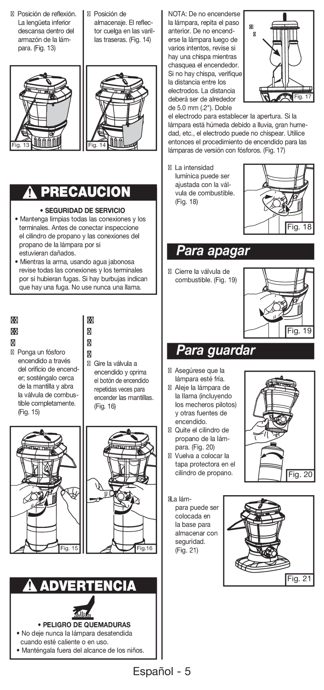 Coleman 5177 manual Para apagar, Para guardar, Lámpara de encendido con fósforo 