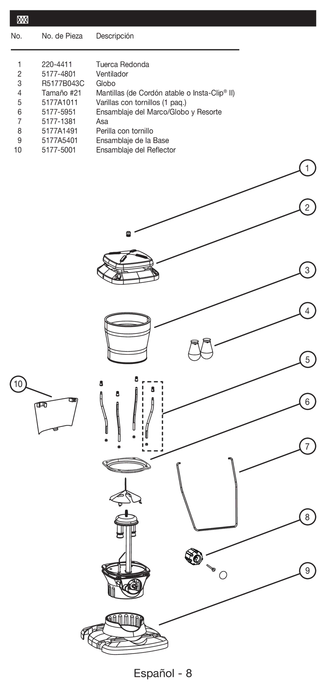 Coleman 5177 manual Lista de Piezas 