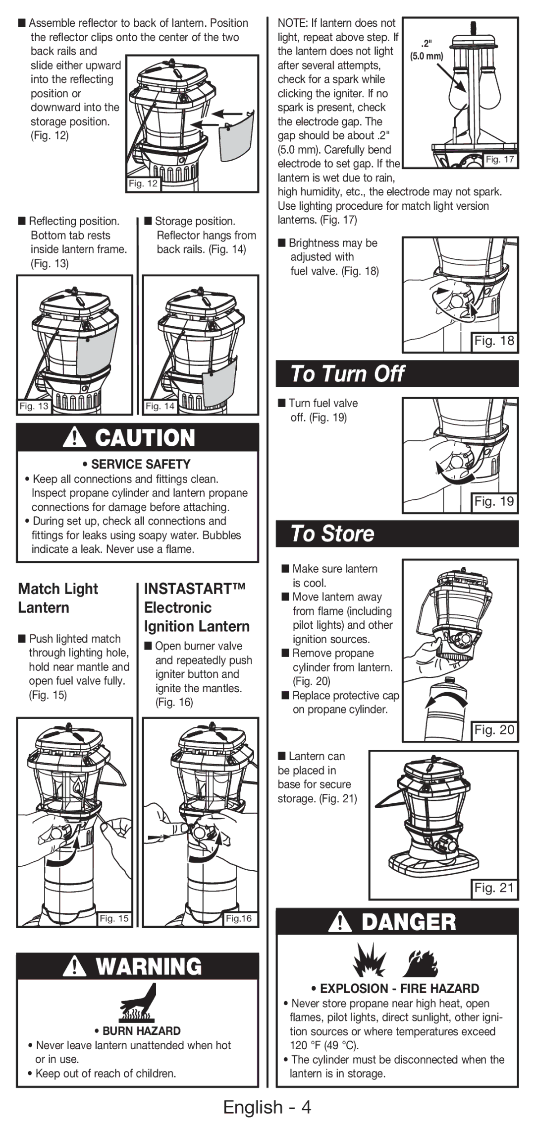 Coleman 5177 manual To Turn Off, To Store, Match Light Lantern, Electronic Ignition Lantern 