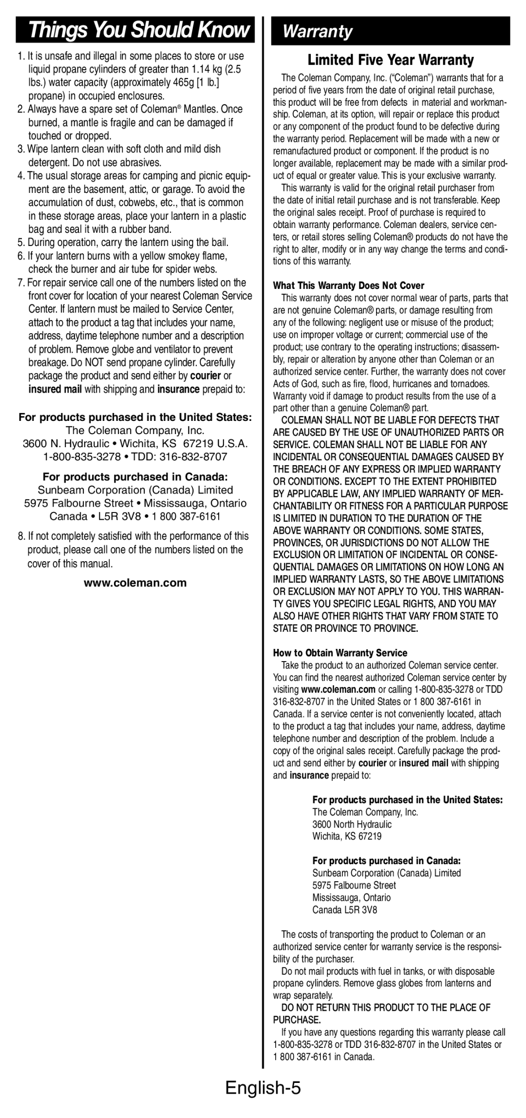 Coleman 5177 manual Warranty, English-5, For products purchased in the United States, For products purchased in Canada 