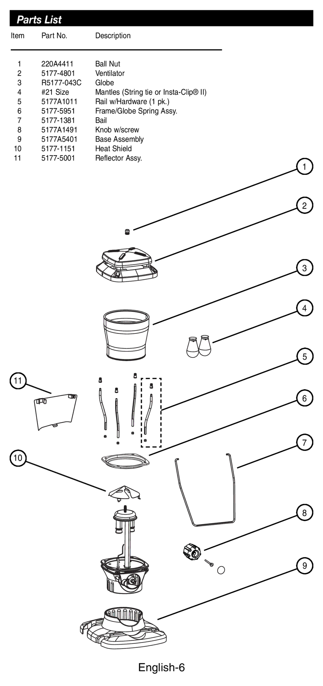 Coleman 5177 manual Parts List, English-6 