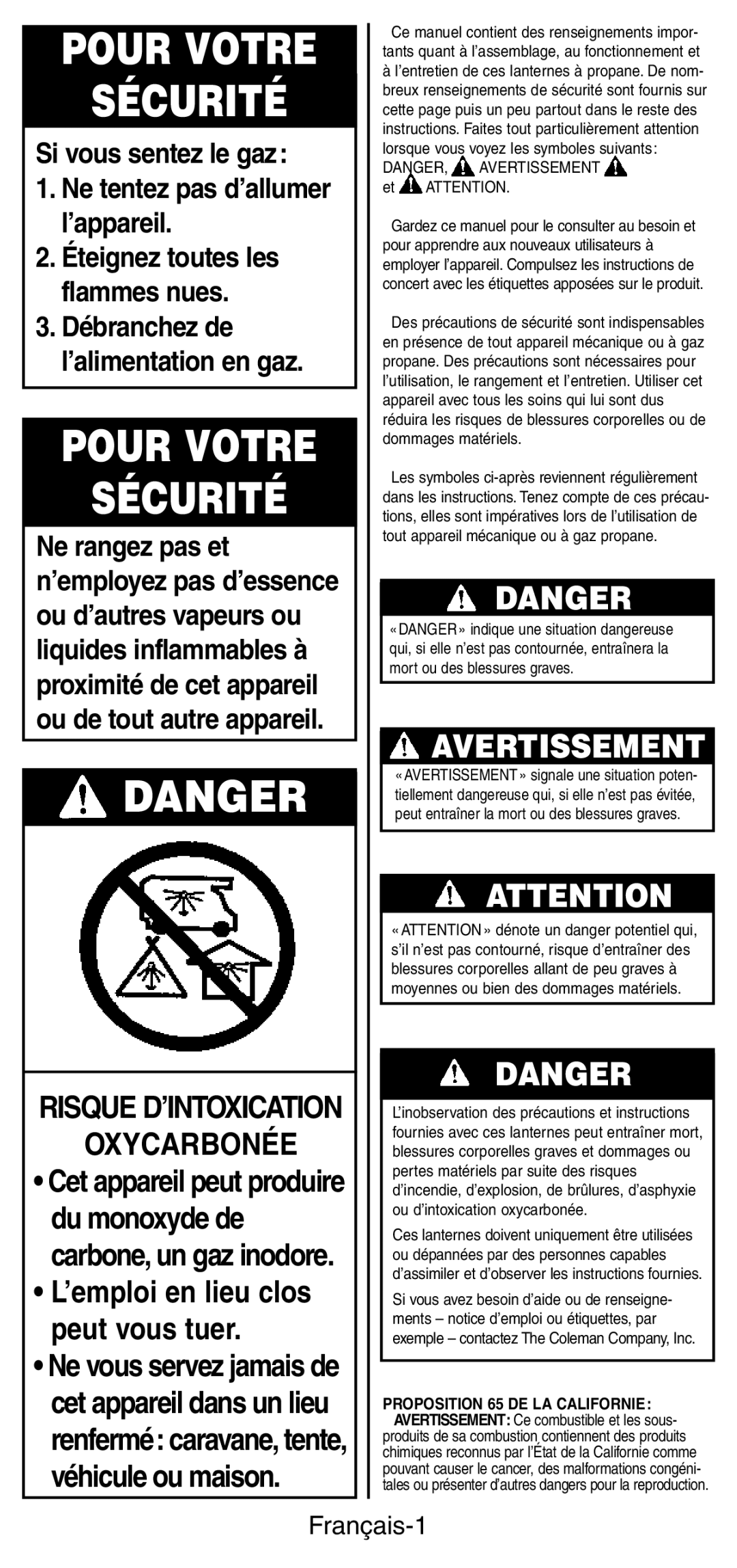 Coleman 5177 manual Pour Votre Sécurité, Français-1 