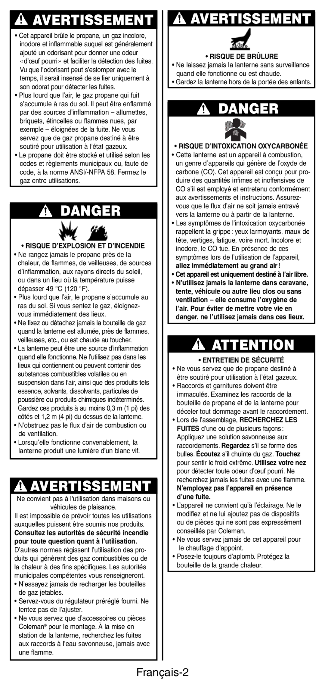 Coleman 5177 manual Français-2, Risque D’EXPLOSION ET D’INCENDIE, Risque DE Brûlure, Risque D’INTOXICATION Oxycarbonée 