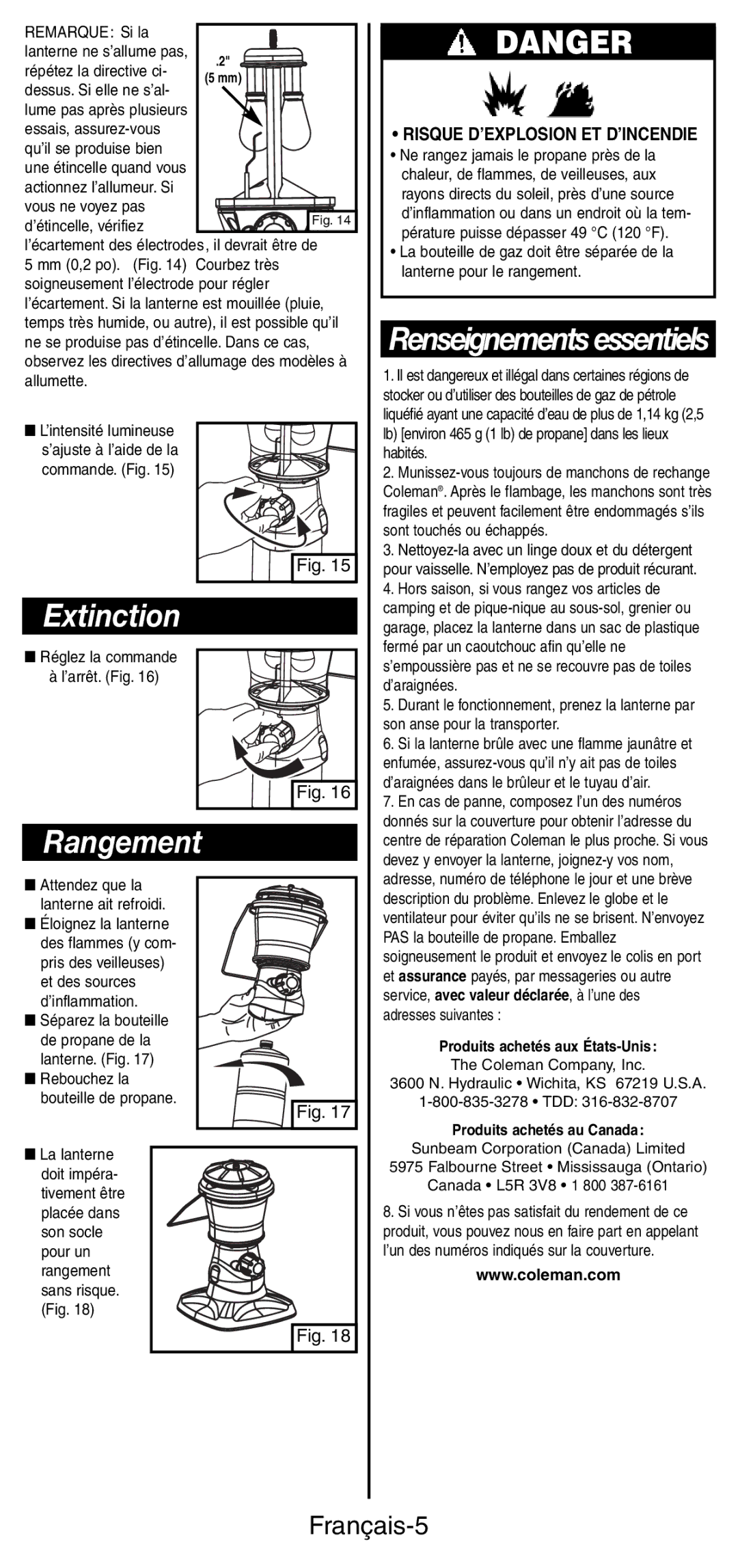 Coleman 5178 Series manual Extinction, Rangement, Renseignements essentiels, Français-5 