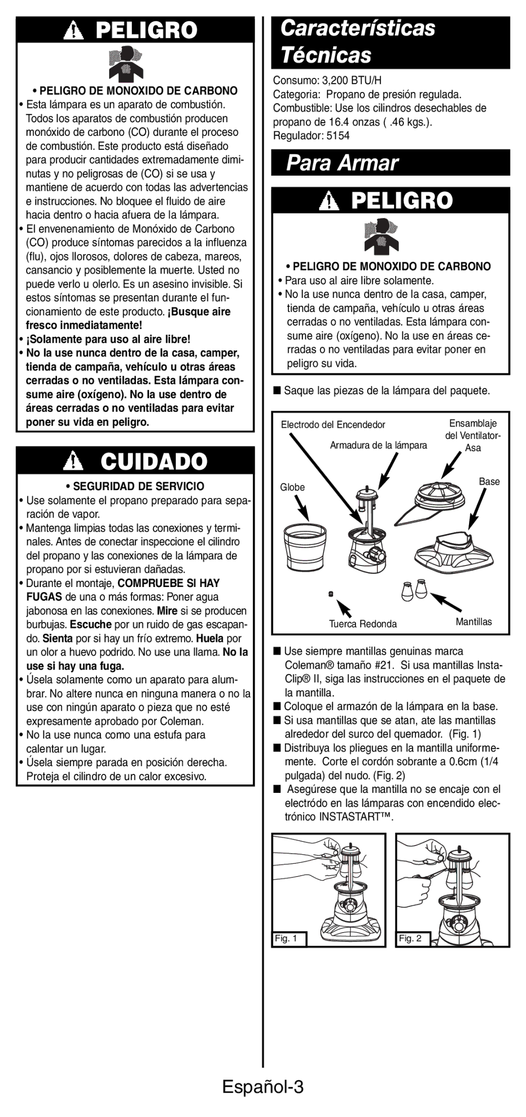 Coleman 5178 Series Características Técnicas, Para Armar, Español-3, Peligro DE Monoxido DE Carbono, Seguridad DE Servicio 