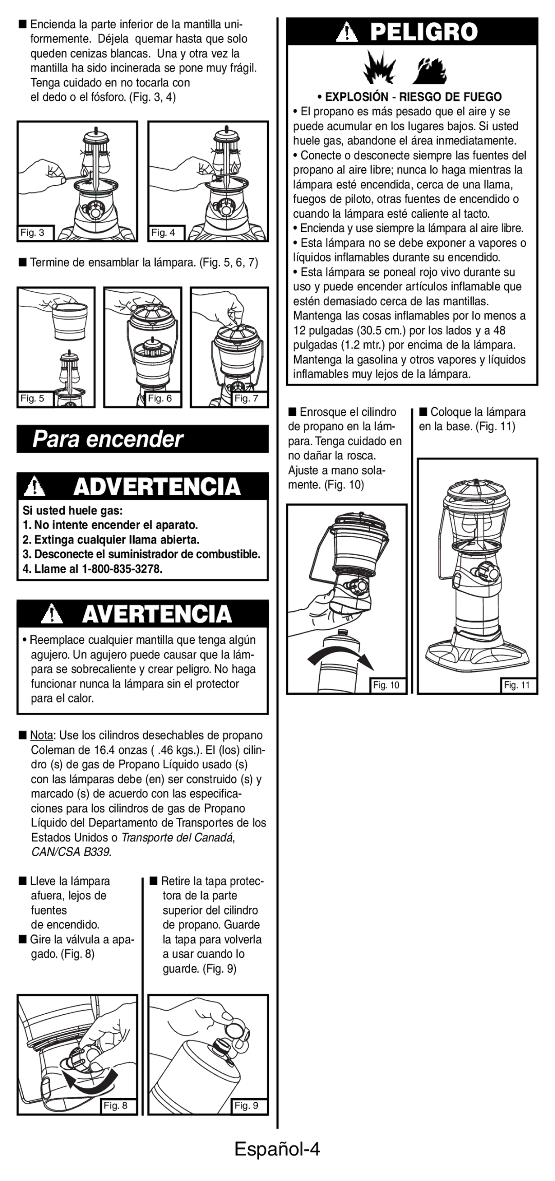 Coleman 5178 Series manual Para encender, Español-4, Explosión Riesgo DE Fuego, El propano es más pesado que el aire y se 