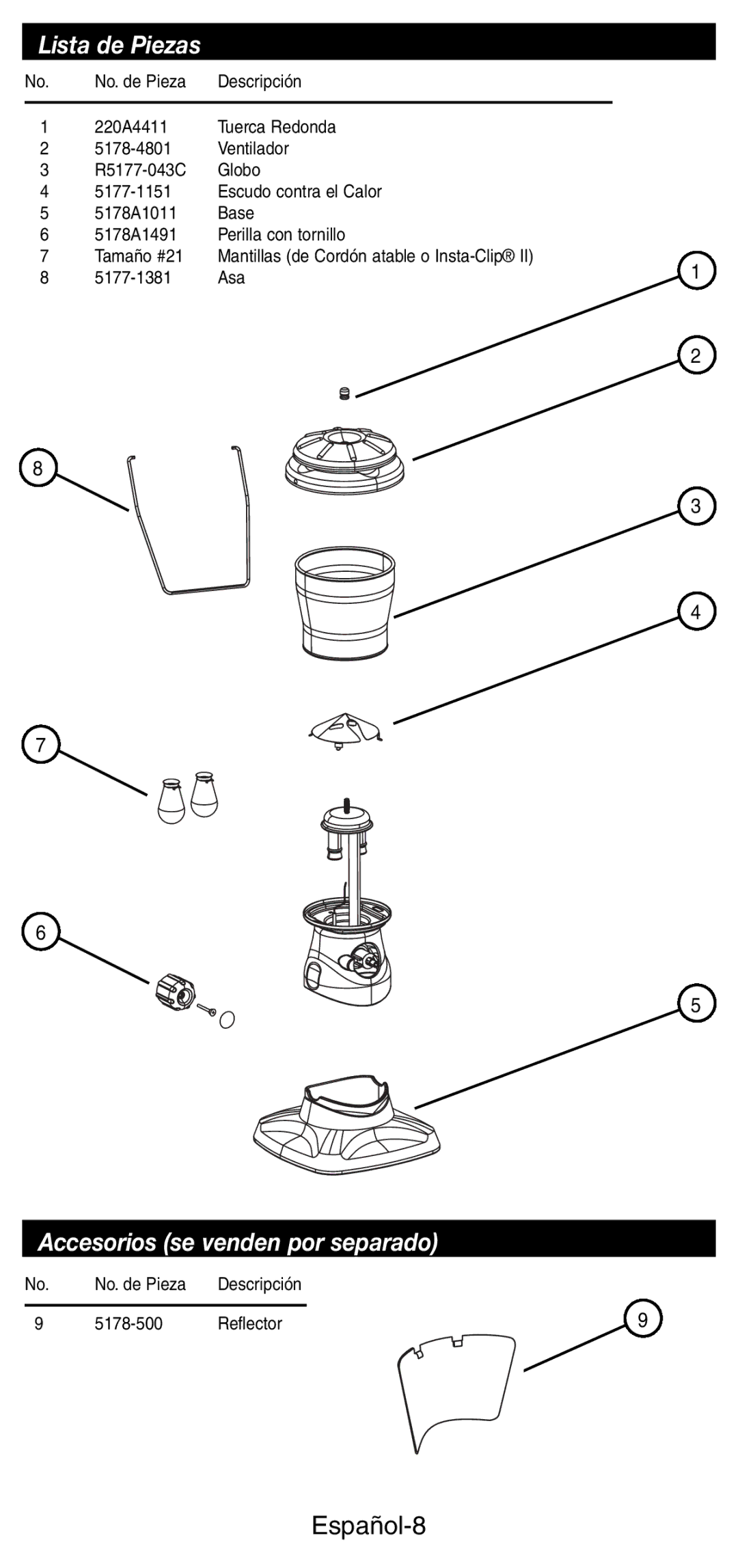 Coleman 5178 Series manual Lista de Piezas, Accesorios se venden por separado, Español-8, Descripción 