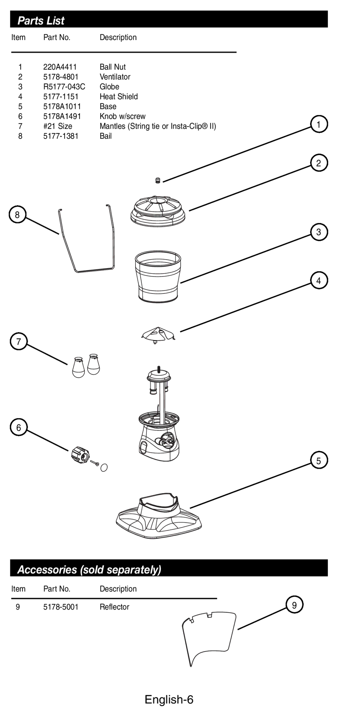 Coleman 5178 Series manual Parts List, Accessories sold separately, English-6 