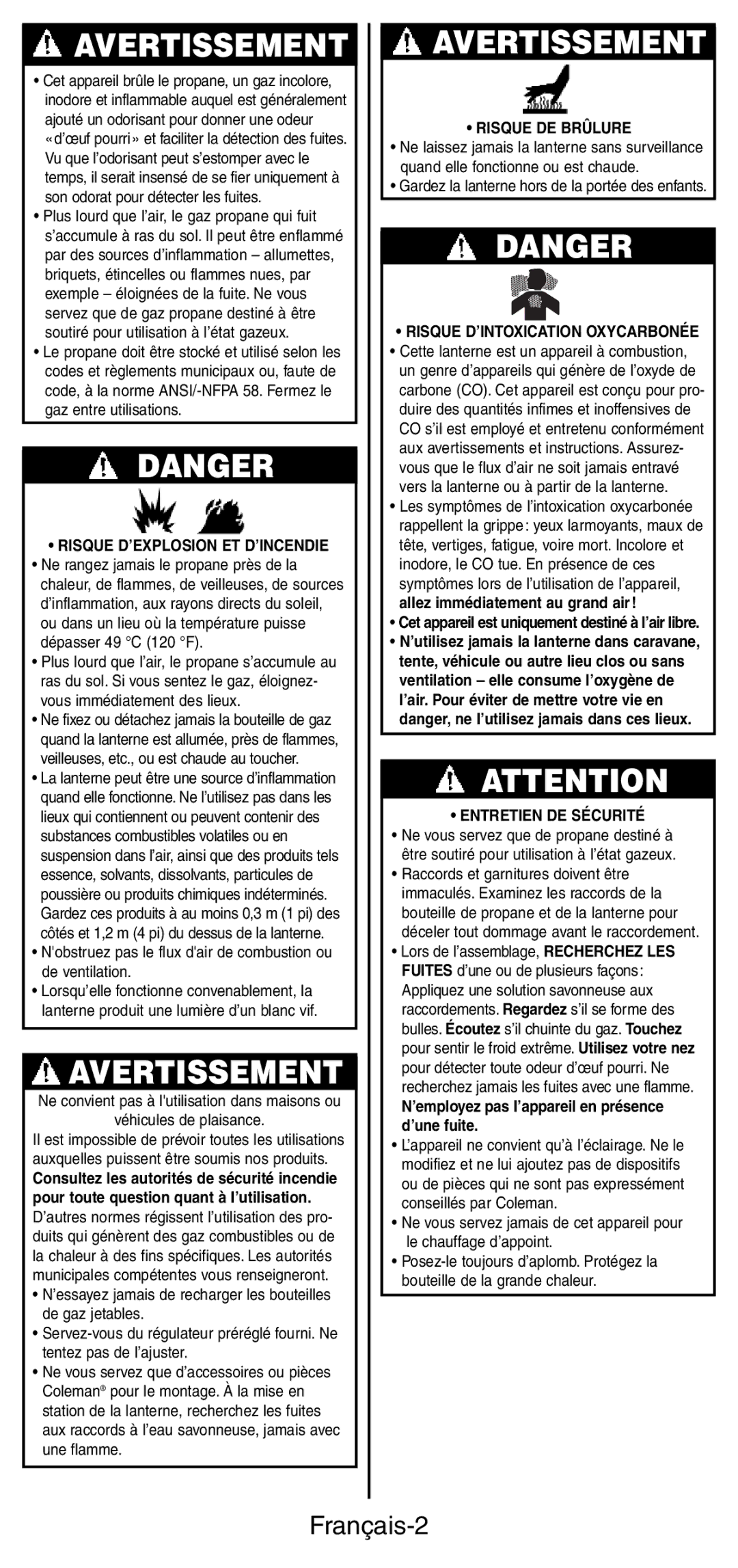 Coleman 5178 Series Français-2, Risque D’EXPLOSION ET D’INCENDIE, Risque DE Brûlure, Risque D’INTOXICATION Oxycarbonée 