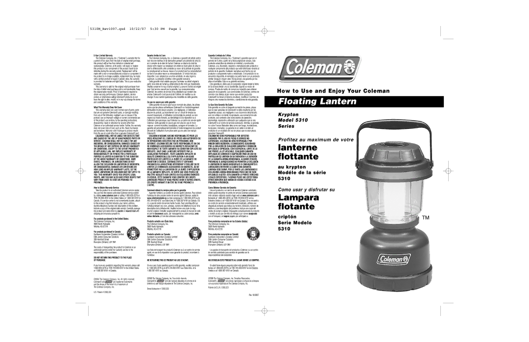 Coleman 5310 warranty Do not Return this Product to the Place of Purchase, NE Retournez PAS CE Produit AU Lieu D’ACHAT 